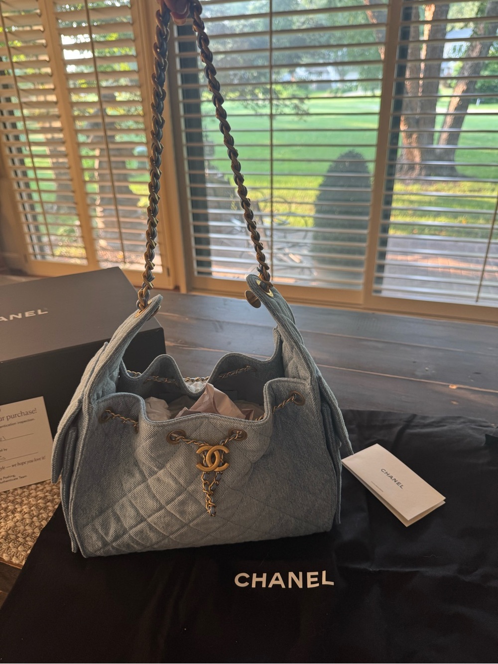 CHANEL Light Blue Quilted Denim Shoulder Bag with Gold-Tone Chain - Picture 15 of 15